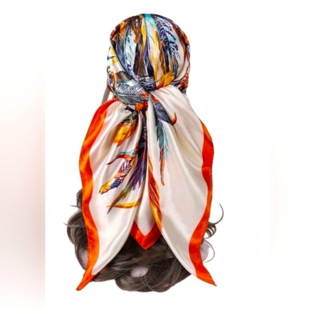 ✨NEW Feather Print Silk like  Headscarf with Orange Trim